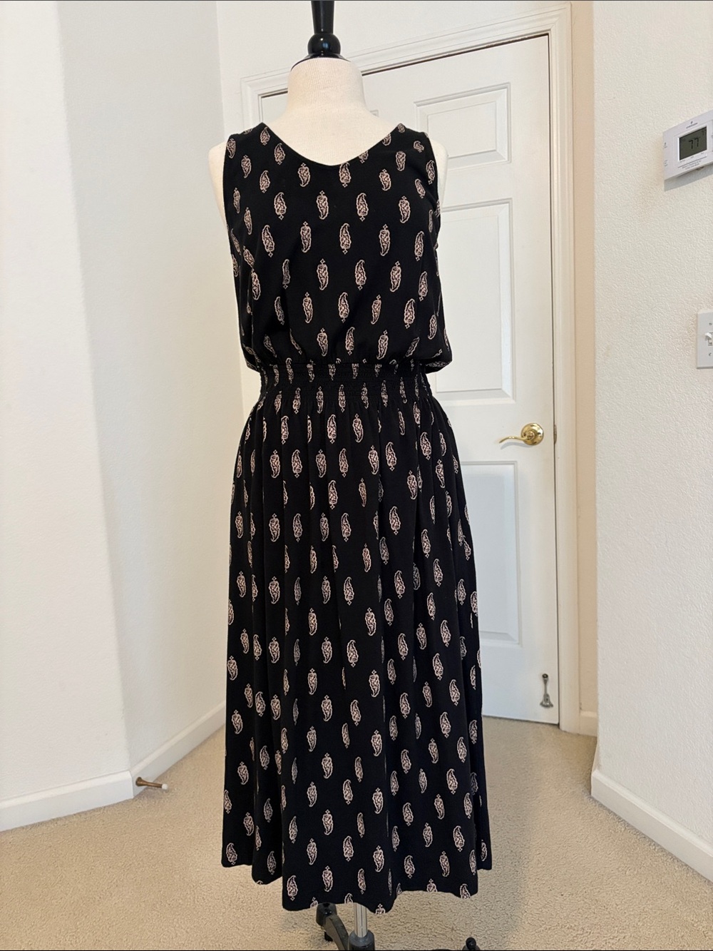 Garnet Hill Black Midi Dress with Beige Paisley Print.